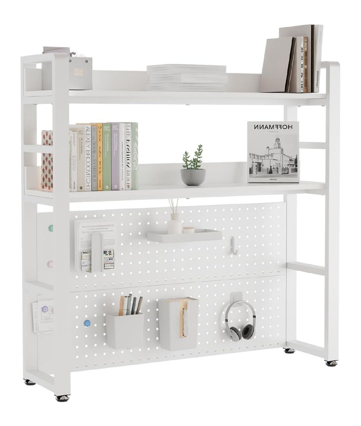 Buecherregal in Weiss mit mit Monitorbereich