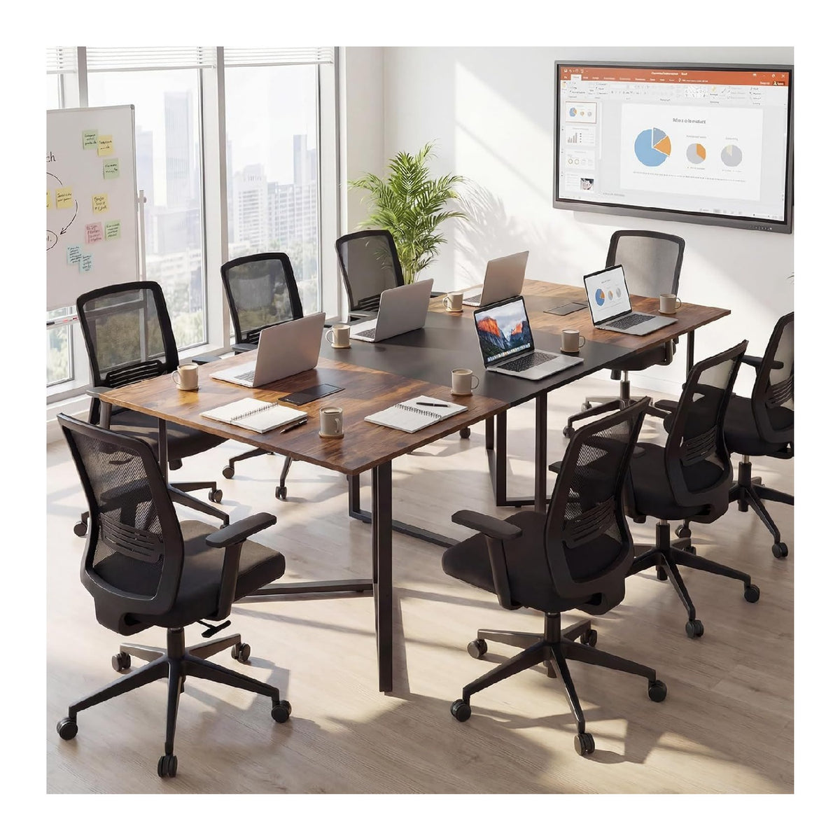 Konferenztisch mit mit Kabelmanagement und stabile Ausfuehrung in Weiss / Natur