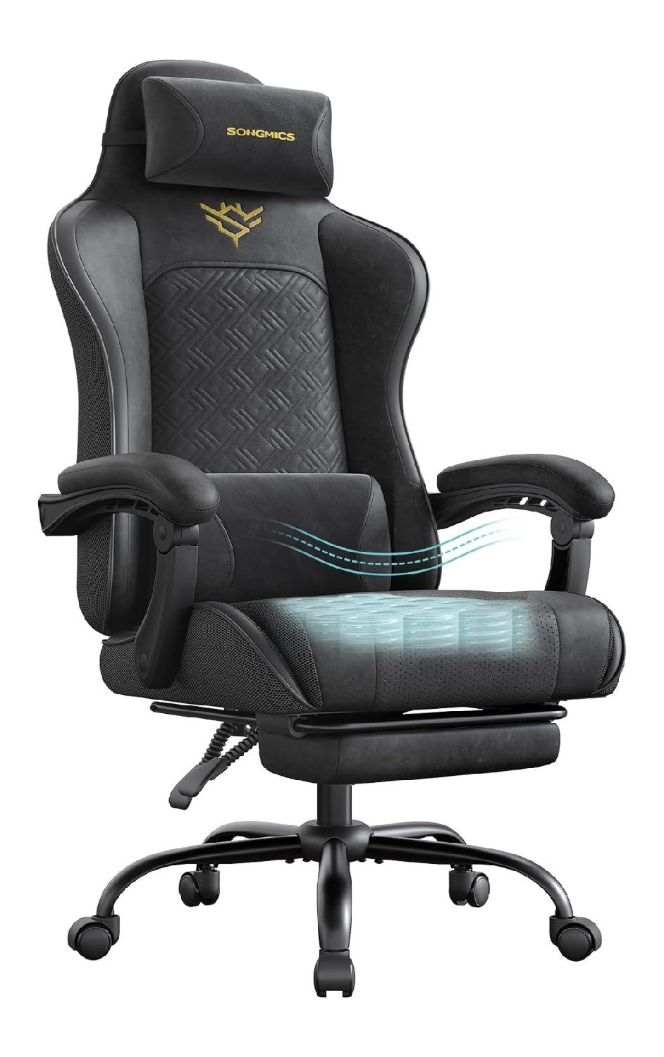 Schwarzer Gamingstuhl mit ergonomisch fuer flexible Arbeitsbereiche