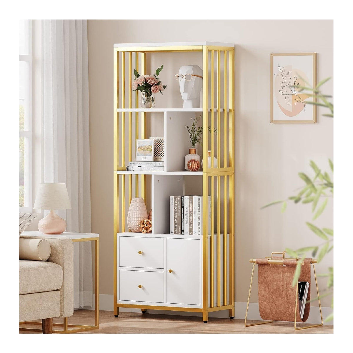 mit Schubladen Buecherregal in Weiss / Gold fuer Buero und Arbeitszimmer