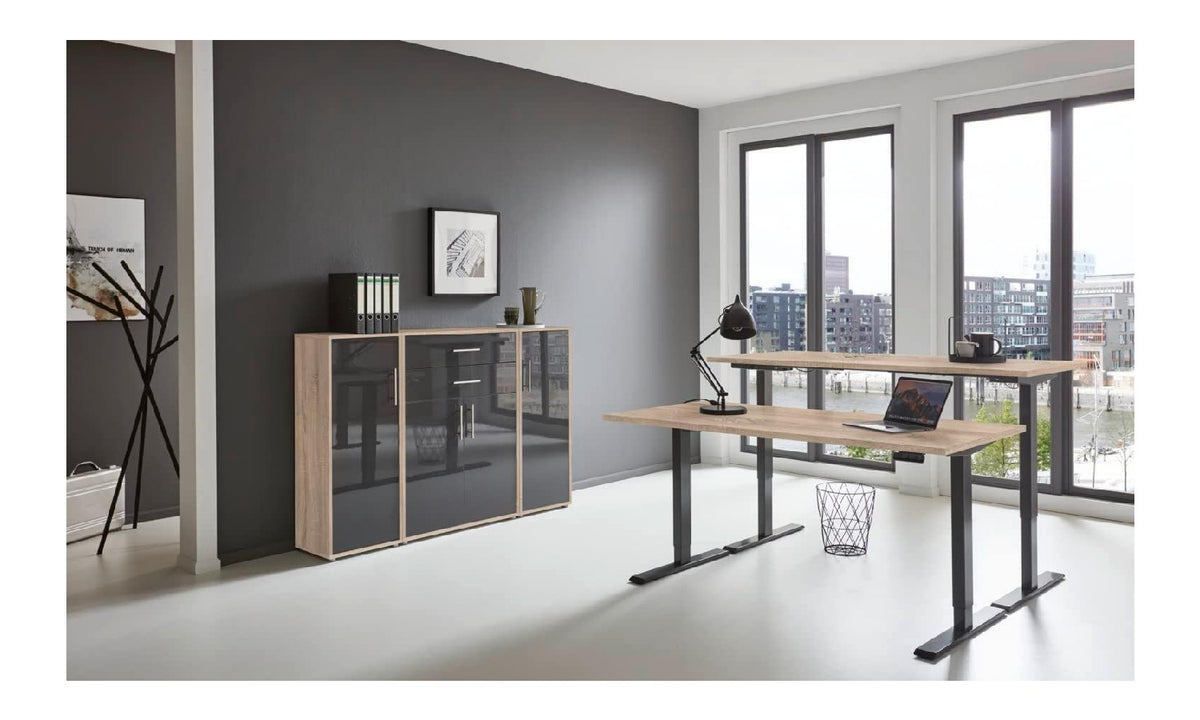 Bueromoebel Set fuer den Arbeitsplatz, hoehenverstellbar, Farbe Anthrazit / Sonoma Eiche