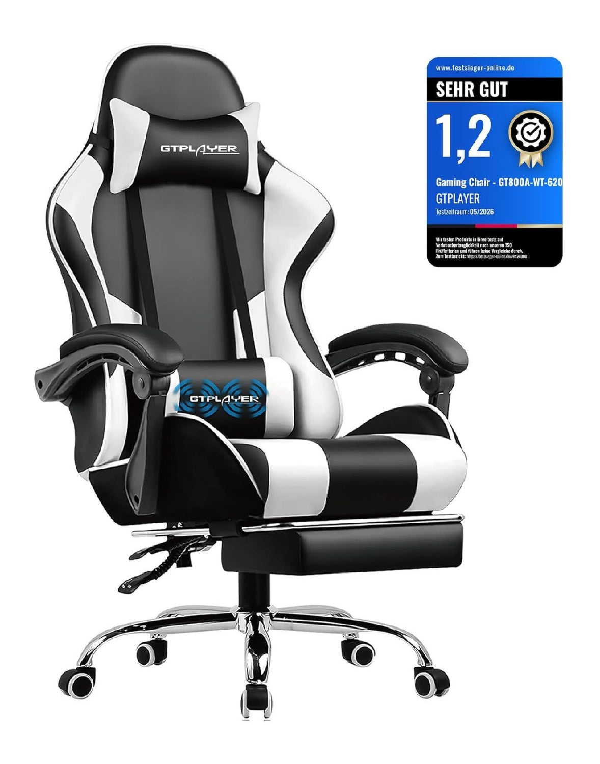 Gamingstuhl mit ergonomisch und mit Schubladen in Schwarz / Weiss