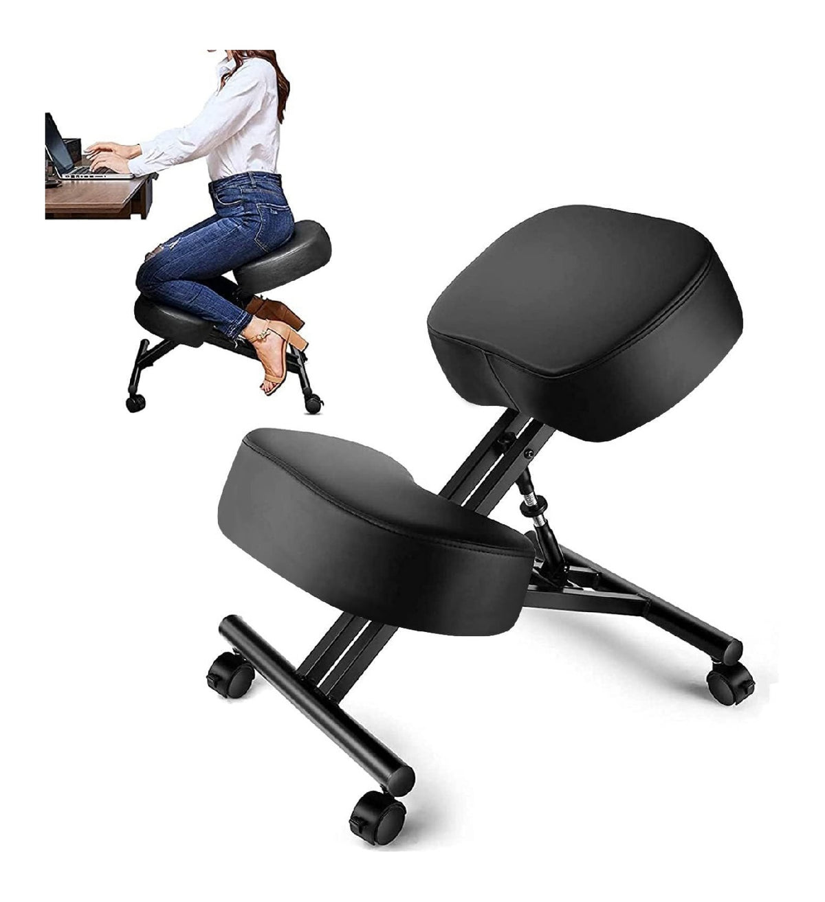 Schwarzer Kniestuhl mit hoehenverstellbar fuer flexible Arbeitsbereiche