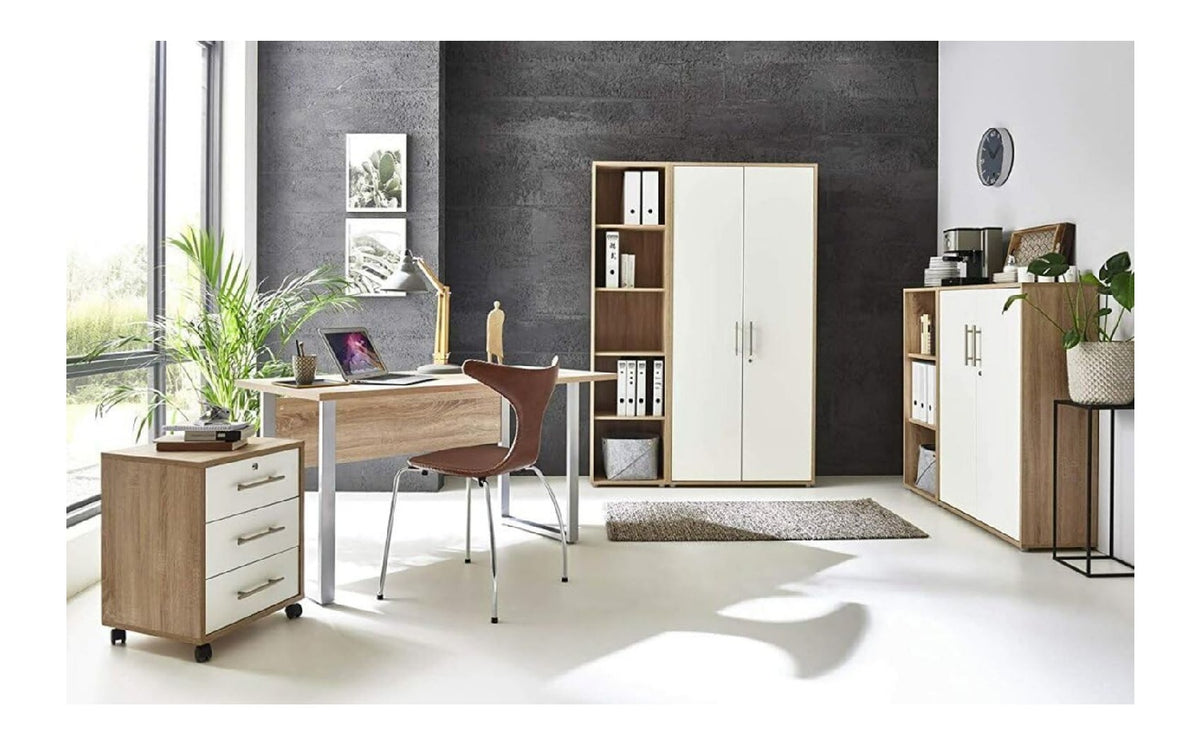 mit Schubladen Bueromoebel Set in Sonoma Eiche / Weiss fuer Buero und Arbeitszimmer