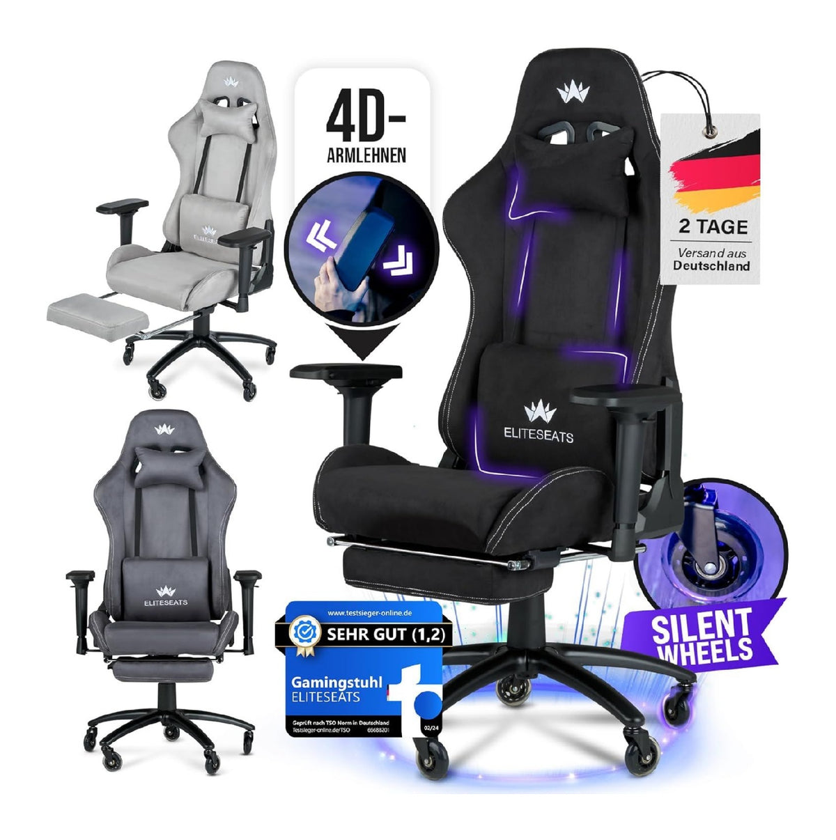 Gamingstuhl mit ergonomisch und mit Rollen in Schwarz