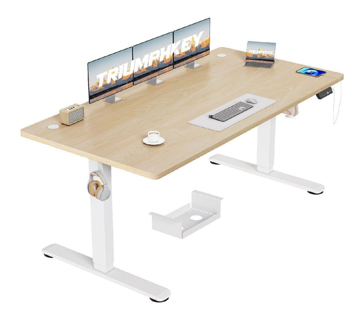 Weiss / Beigeer Schreibtisch mit hoehenverstellbar fuer flexible Arbeitsbereiche