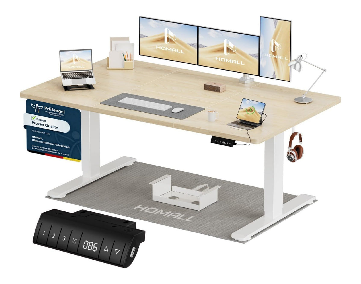 Schreibtisch mit hoehenverstellbar und mit Kabelmanagement in Beige