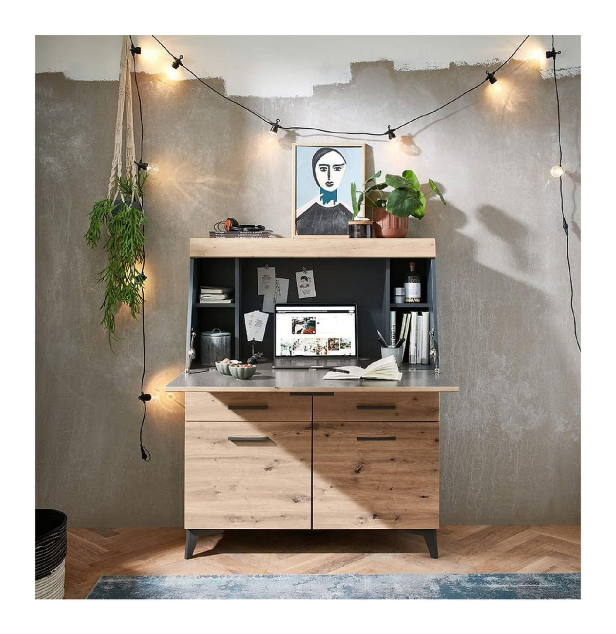 mit Kabelmanagement Sekretaer in Schwarz / Artisan Eiche fuer Buero und Arbeitszimmer