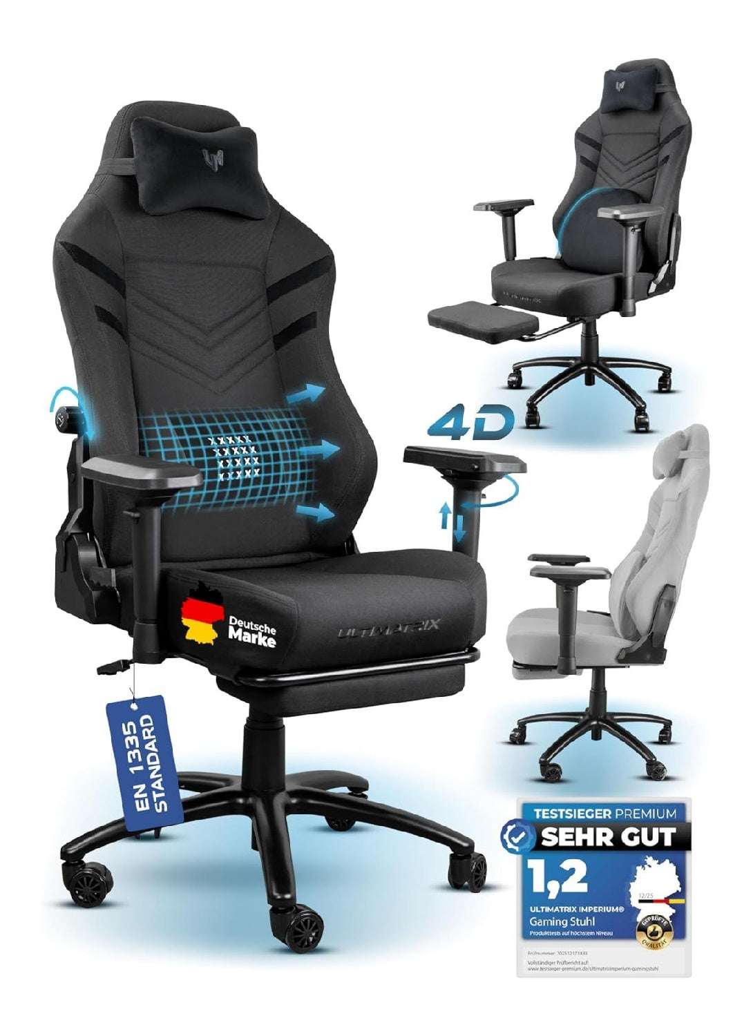 Gamingstuhl mit ergonomisch und mit Rollen in Schwarz / Grau