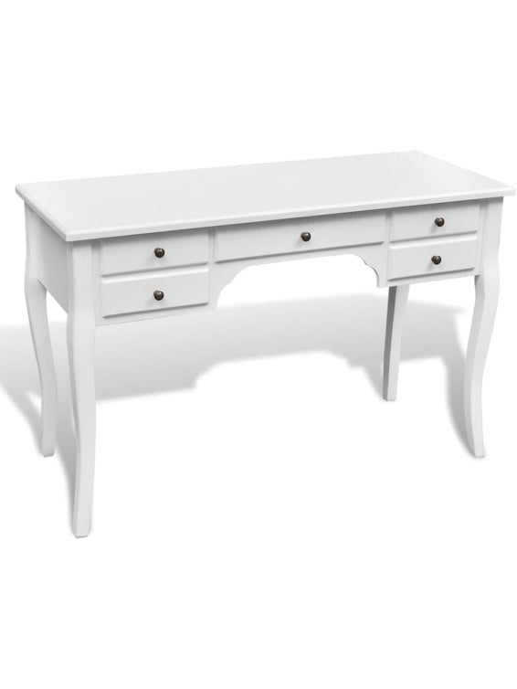 Franzosischer Holz Schreibtisch 110 x 47 x 79 cm in Weiss mit funf Schubladen und geschwungenen Beinen