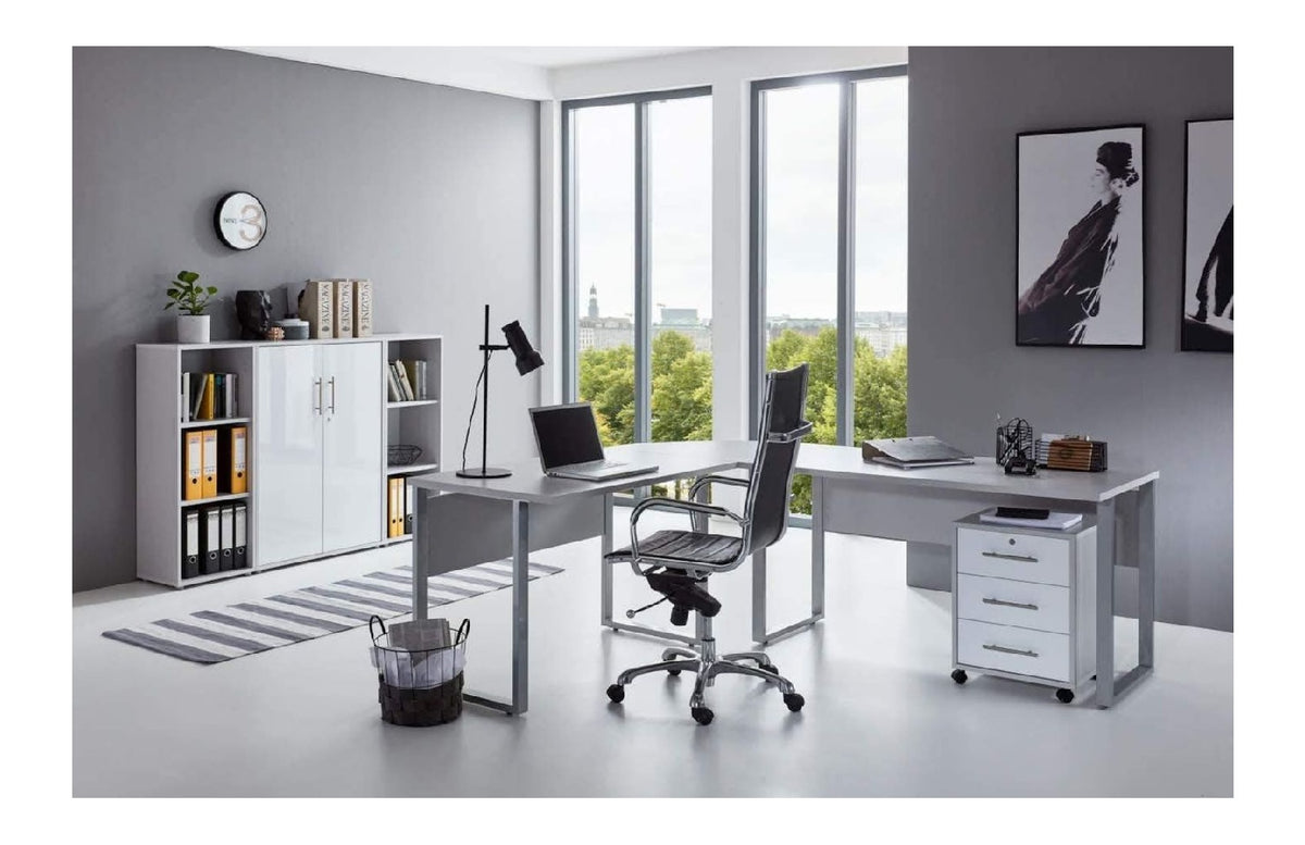 Bueromoebel Set fuer den Arbeitsplatz, abschliessbar, Farbe Hellgrau / Weiss