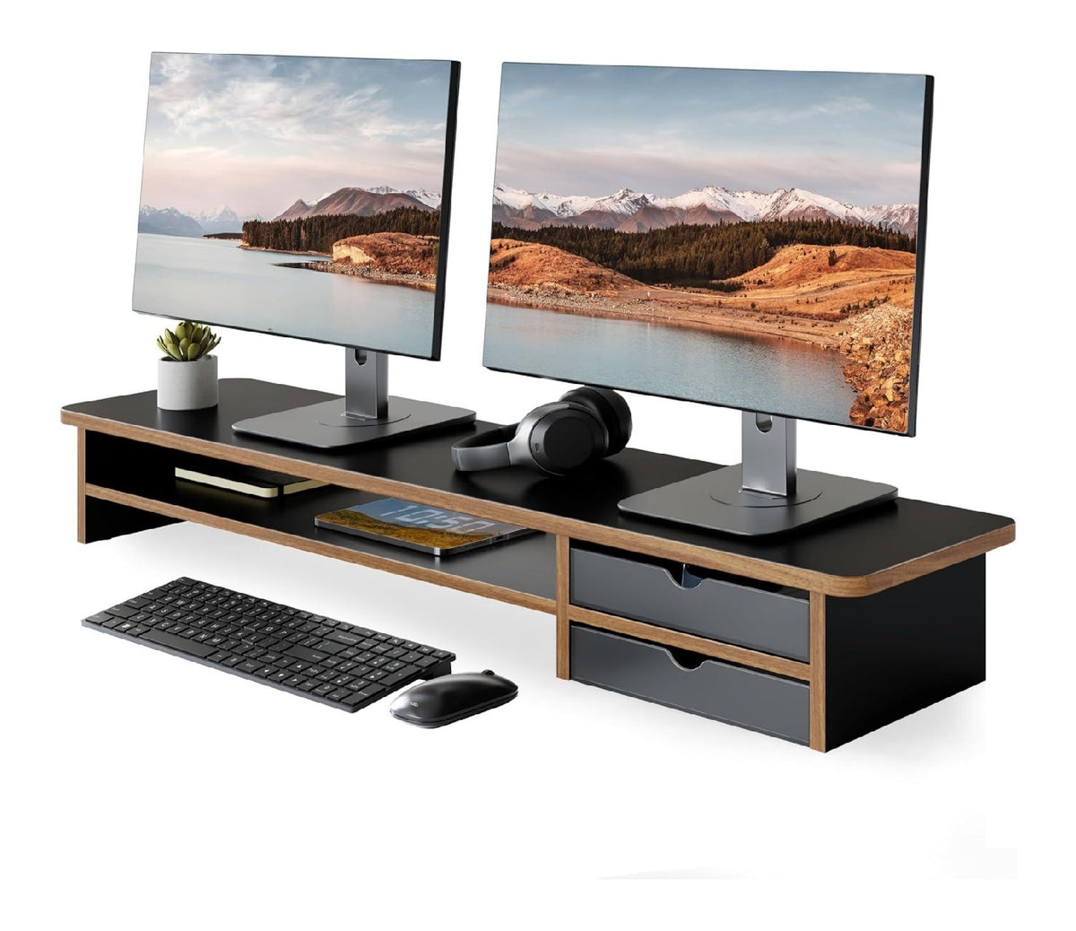 Schwarzer Monitorstaender mit ergonomisch fuer flexible Arbeitsbereiche