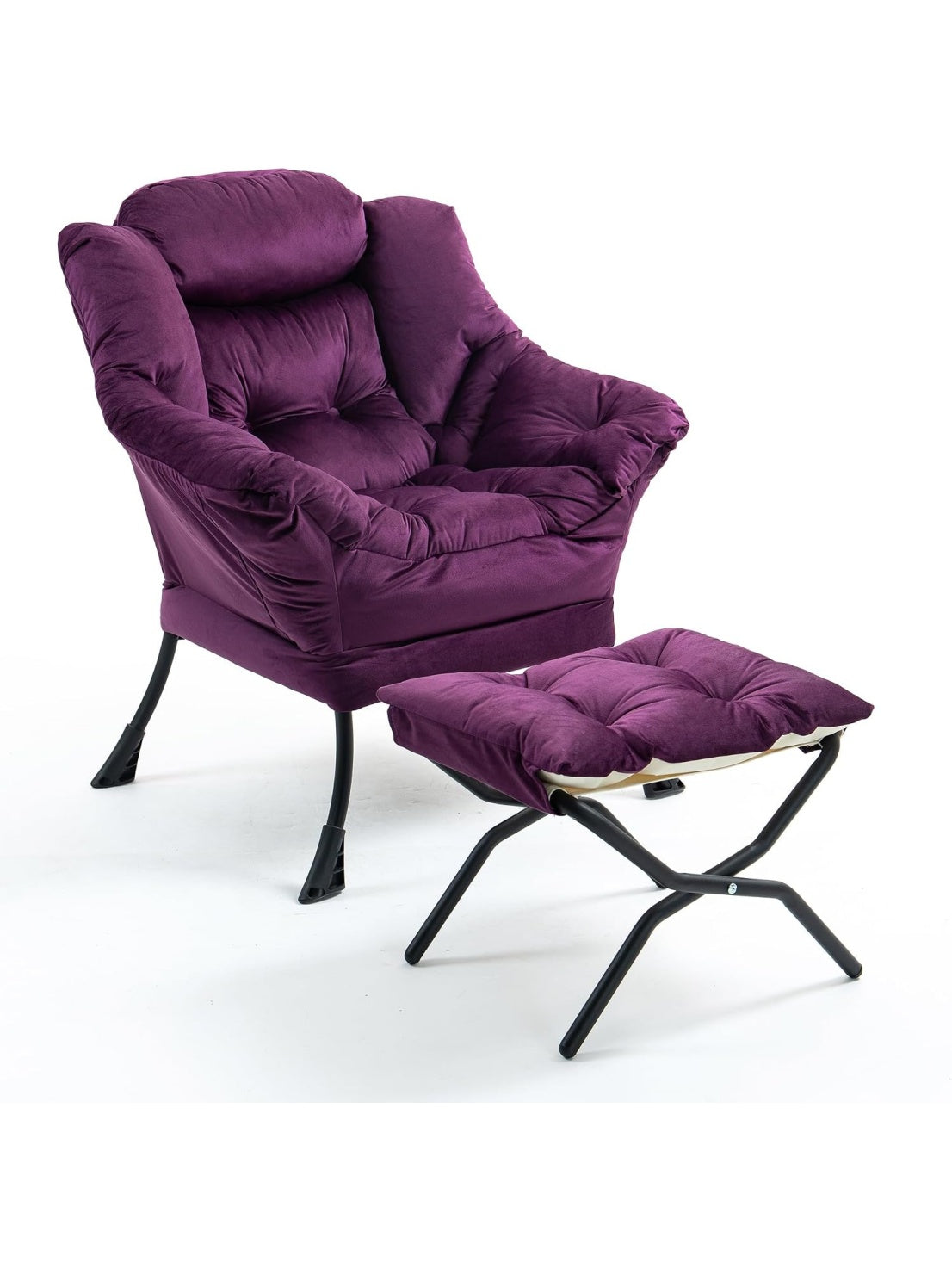 Relaxsessel aus Samt mit passendem Hocker Nackenkissen und Metallgestell in Lila