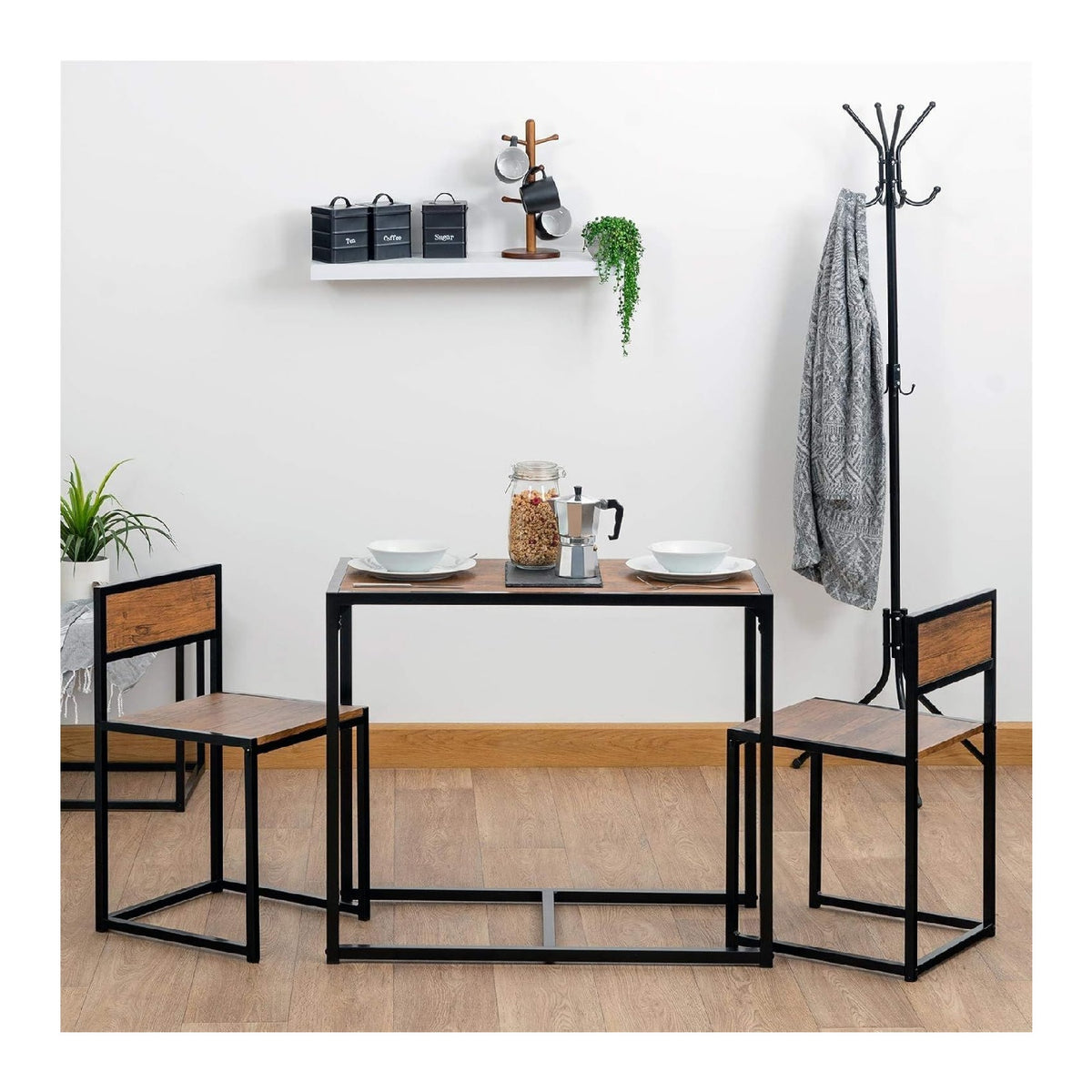 Tisch und Stuhl Set fuer den Arbeitsplatz, funktionales Design, Farbe Schwarz / Braun