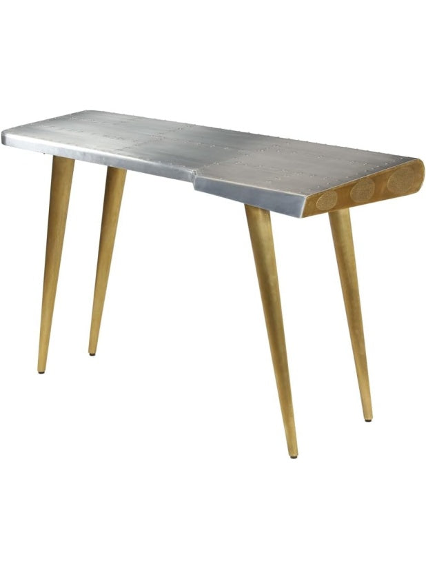 Schreibtisch im Vintage Flugzeug Design 120 x 60 x 76 cm aus Mangoholz mit Aluminiumdetails und Stahlbeinen