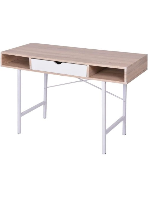 Schreibtisch 120 x 48 x 77 cm in Eiche und Weiss mit Schublade und stabilem Metallgestell