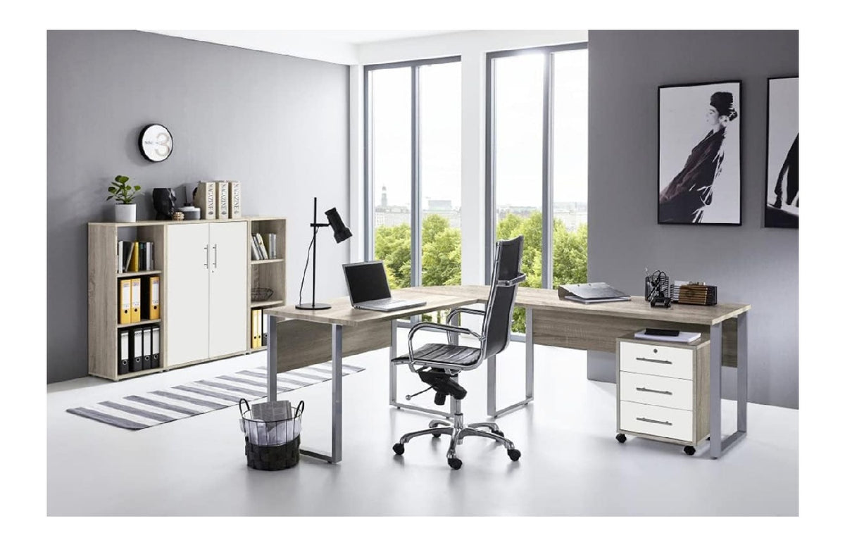 Bueromoebel Set fuer den Arbeitsplatz, abschliessbar, Farbe Sonoma Eiche / Weiss