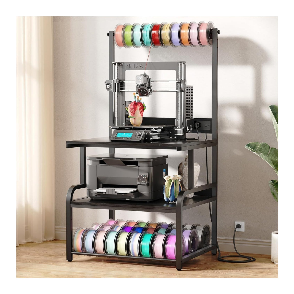 Schwarzer Druckerstaender mit mit Rollen fuer flexible Arbeitsbereiche