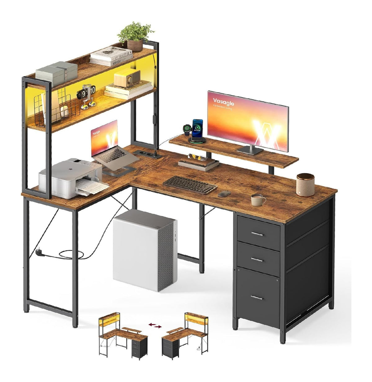 Computertisch fuer den Arbeitsplatz, ergonomisch, Farbe Vintagebraun / Schwarz