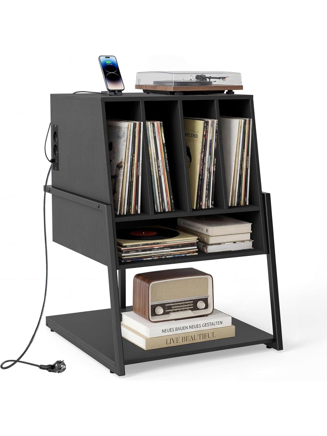 Schallplattenstander aus Holz mit Ladestation und Stauraum fur Vinyl