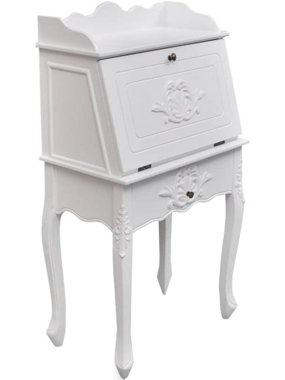Sekretar im franzosischen Landhausstil mit Klappfach Schublade und Regalen in Weiss 60 x 36,4 x 111 cm