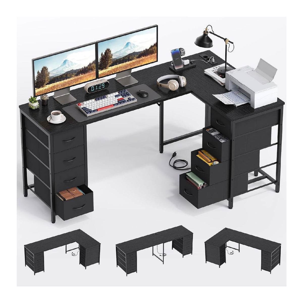 mit Schubladen Computertisch in Schwarz fuer Buero und Arbeitszimmer