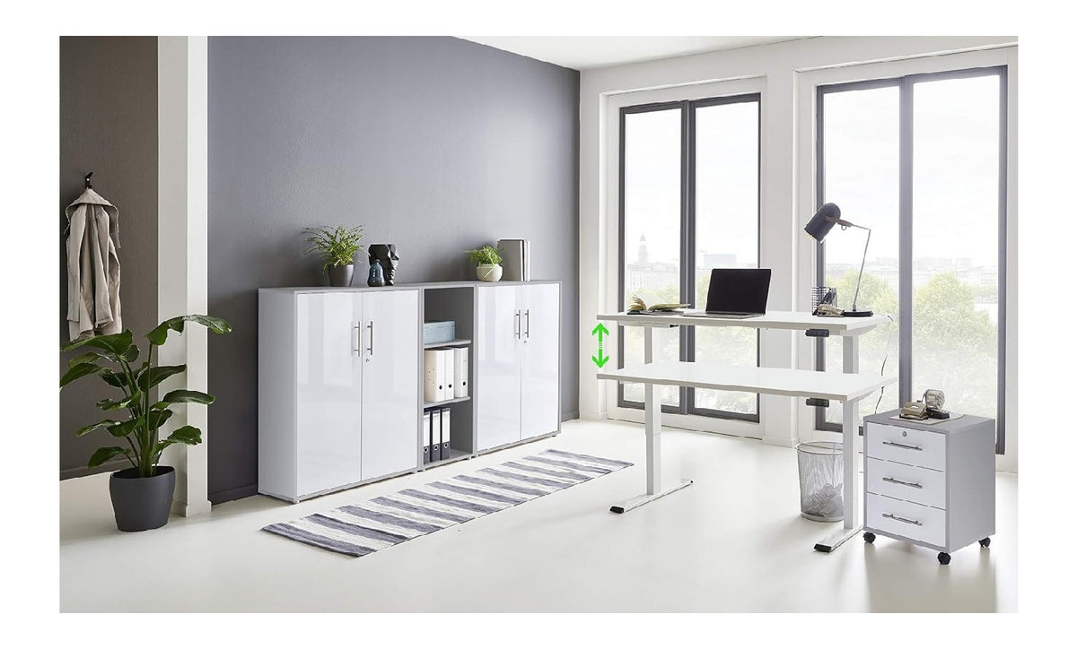 Bueromoebel Set fuer den Arbeitsplatz, hoehenverstellbar, Farbe Hellgrau / Weiss