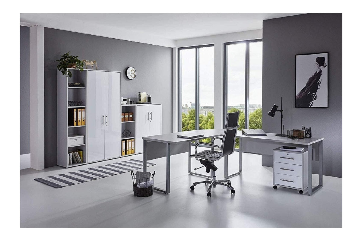 mit Schubladen Bueromoebel Set in Hellgrau / Weiss fuer Buero und Arbeitszimmer