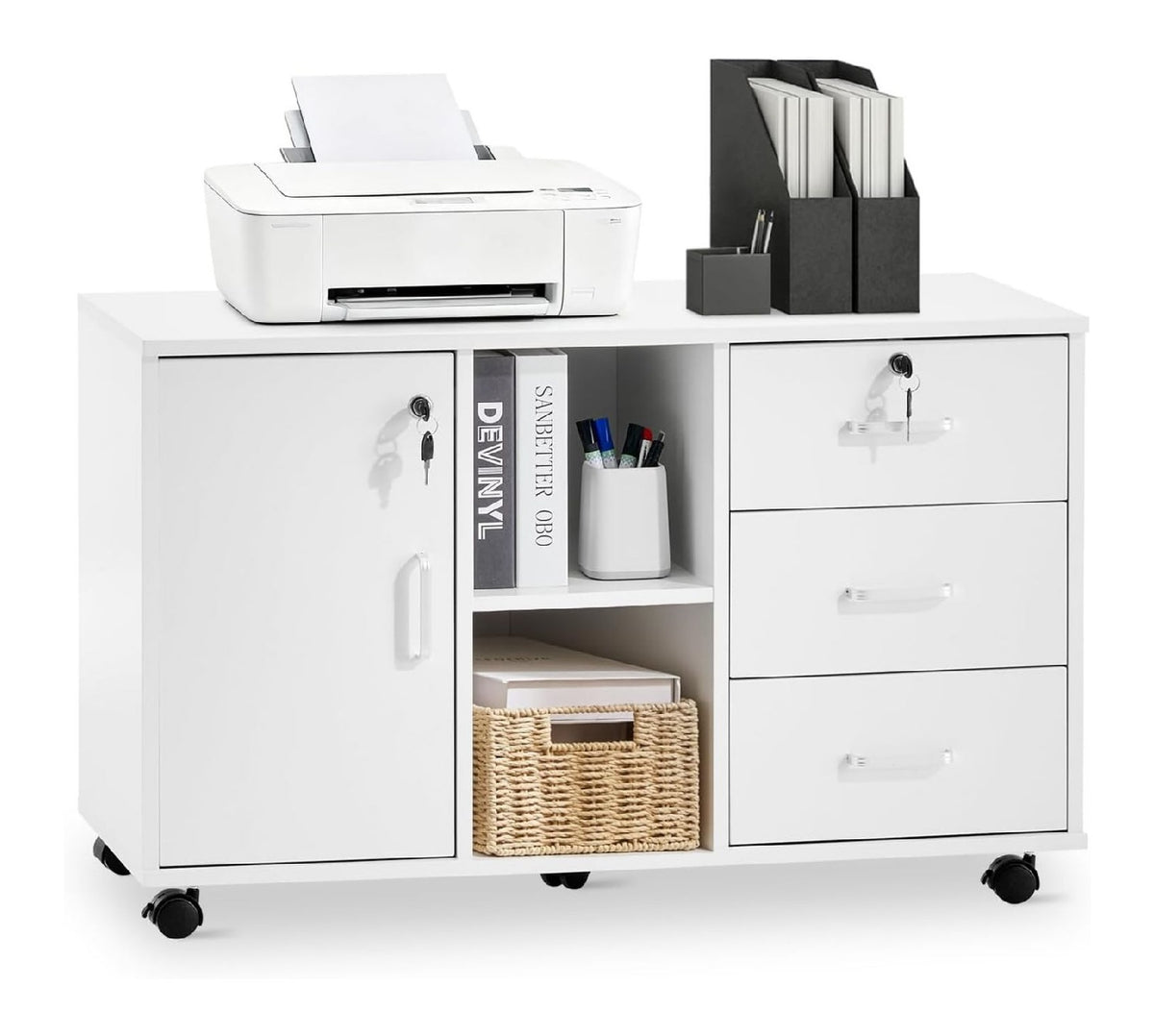 Weisser Aktenschrank mit mit Rollen fuer flexible Arbeitsbereiche